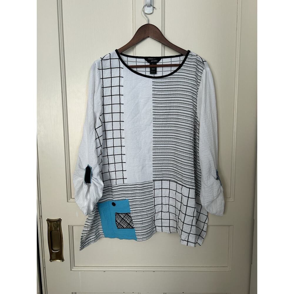 Ali Miles Gauzy Geometric Tunic Blouse Womens Size Large Black White Blue Artsy